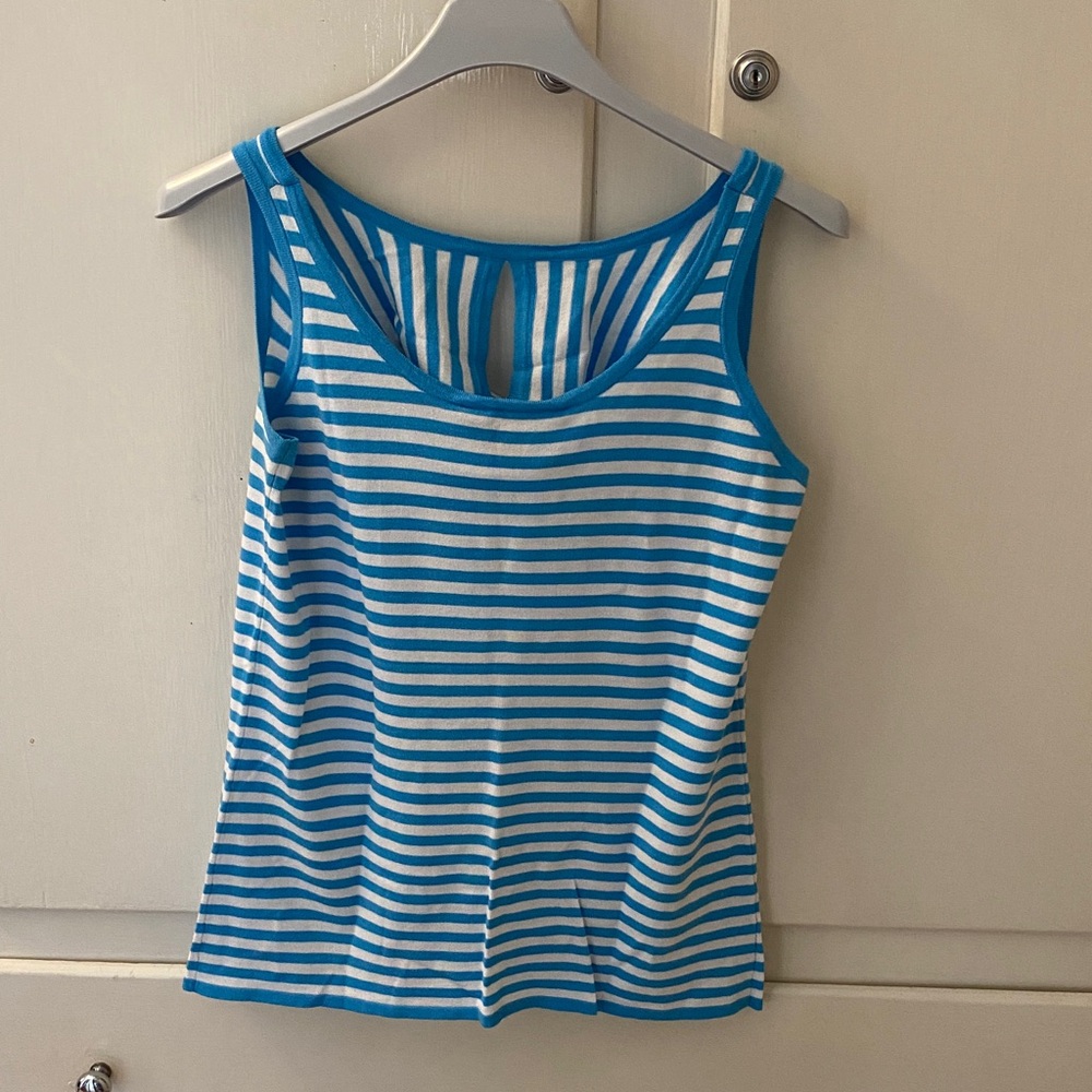 Etcetera Blue White Stripe Sleeveless Drape Neck Sweater Knit Top Tee Size XS - Picture 2 of 5